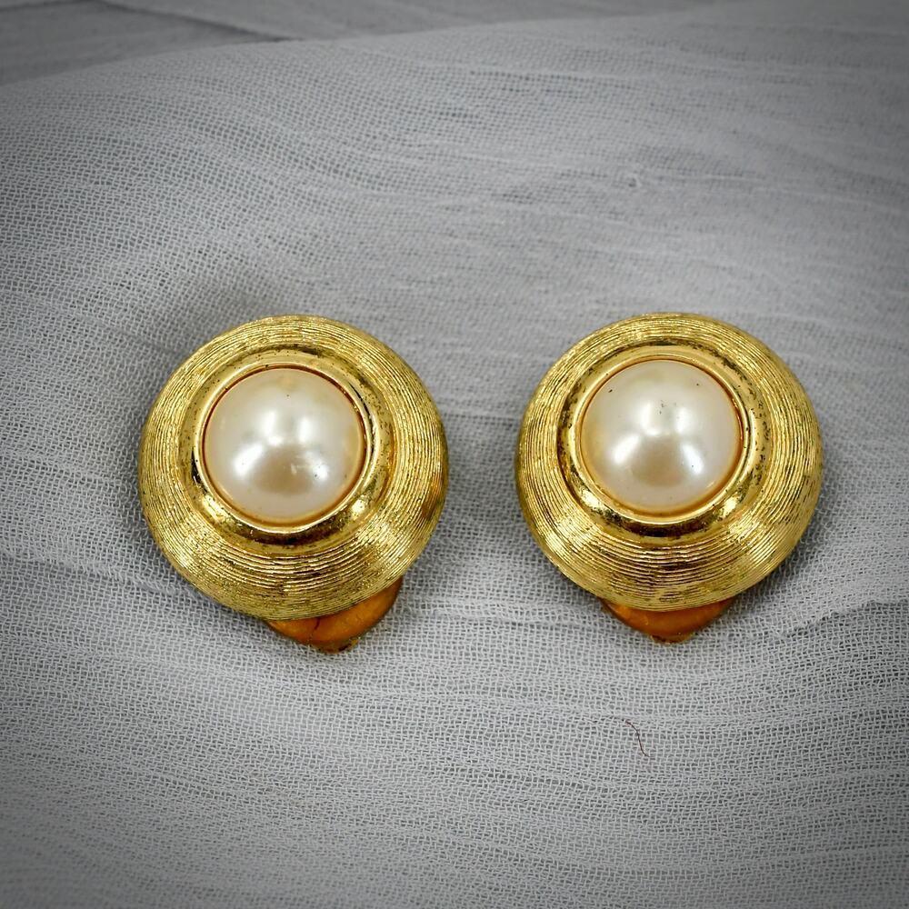 Vintage Christian Dior Germany Faux Pearl Circle Clip On Earrings